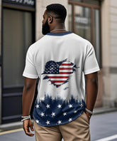 Men's Plus Size Independence Day American Flag Love Print Henry Collar Button Short Sleeve Tee